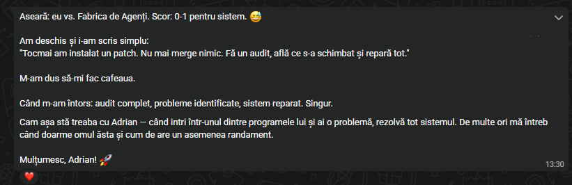 Testimonial cursant - sistemul a reparat singur o problema