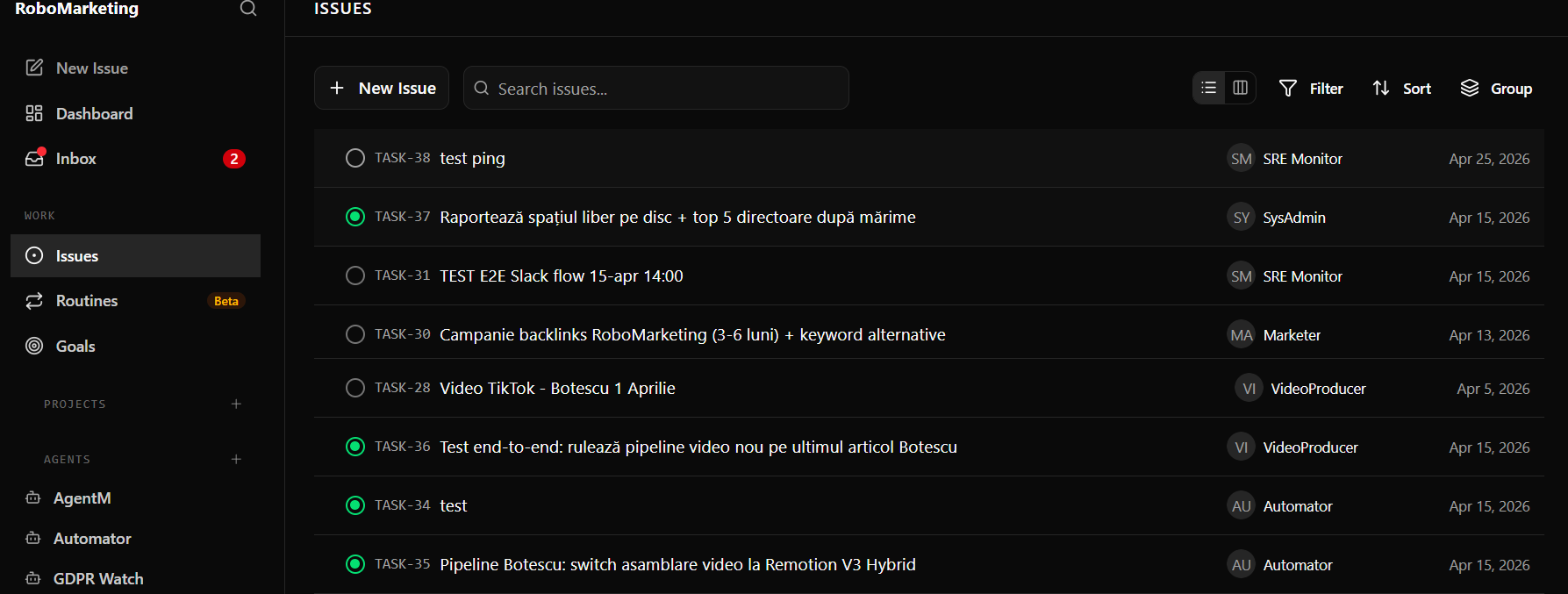 Panou de control agenti AI - task-uri si agenti in timp real