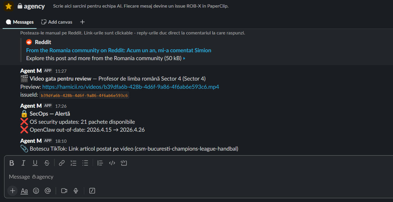 Canal de comenzi cu agenti AI in productie - rapoarte automate